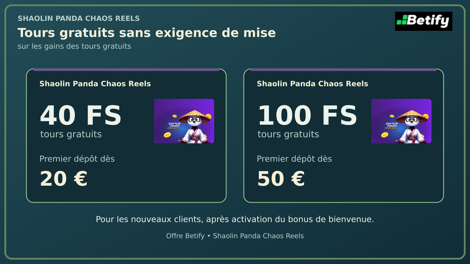 Offre Betify : 40 FS pour un premier dépôt d’au moins 20 € ou 100 FS pour un dépôt d’au moins 50 €.