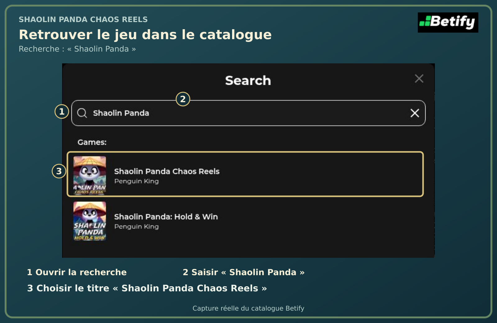 Recherche de « Shaolin Panda » dans le catalogue Betify et sélection de Shaolin Panda Chaos Reels.