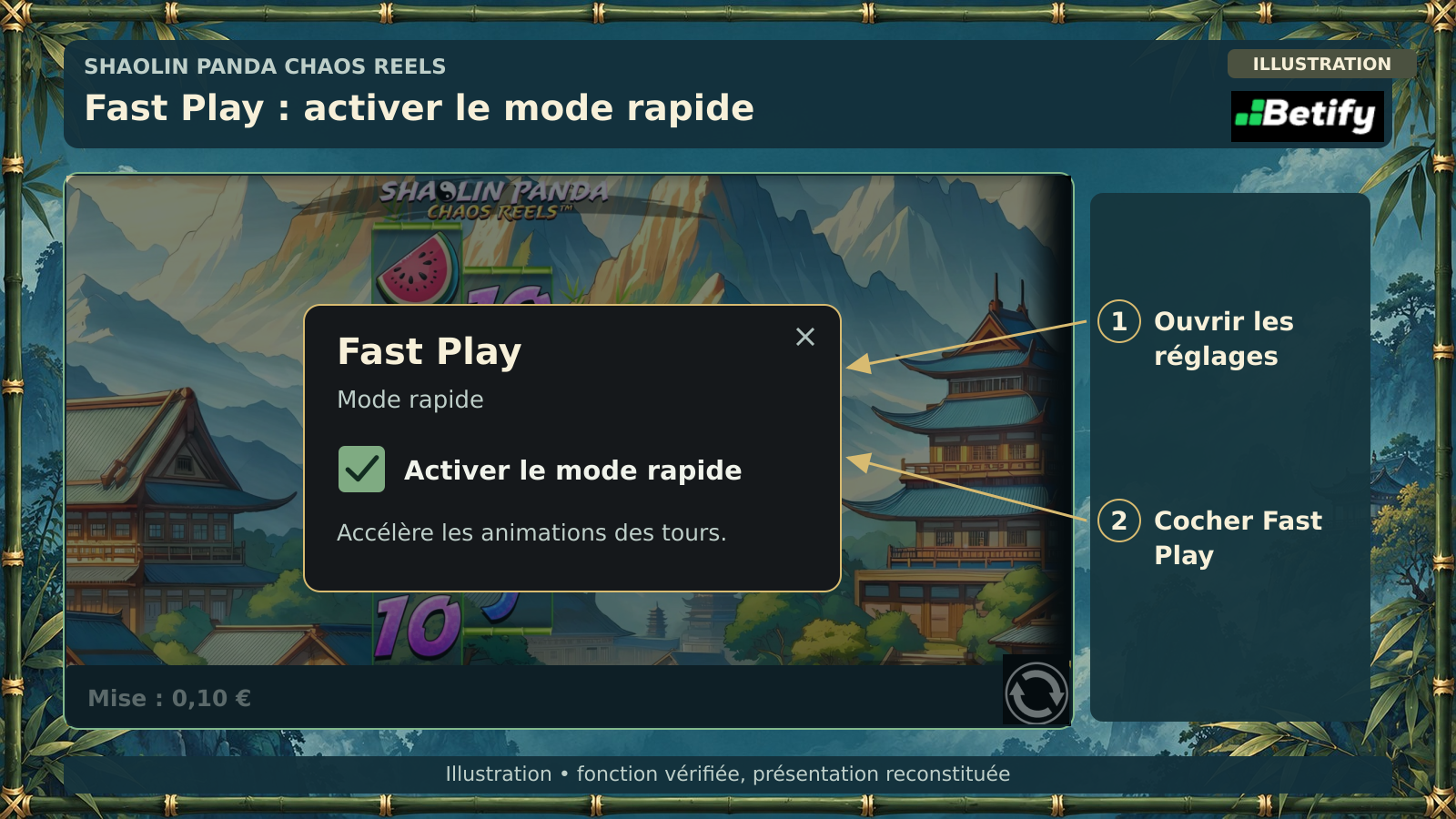 Illustration de Fast Play : case cochée pour activer le mode rapide et accélérer les animations des tours.
